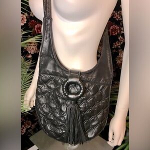 Vintage Black Quilted Faux Leather Circle Fringe Accent Hobo Bag